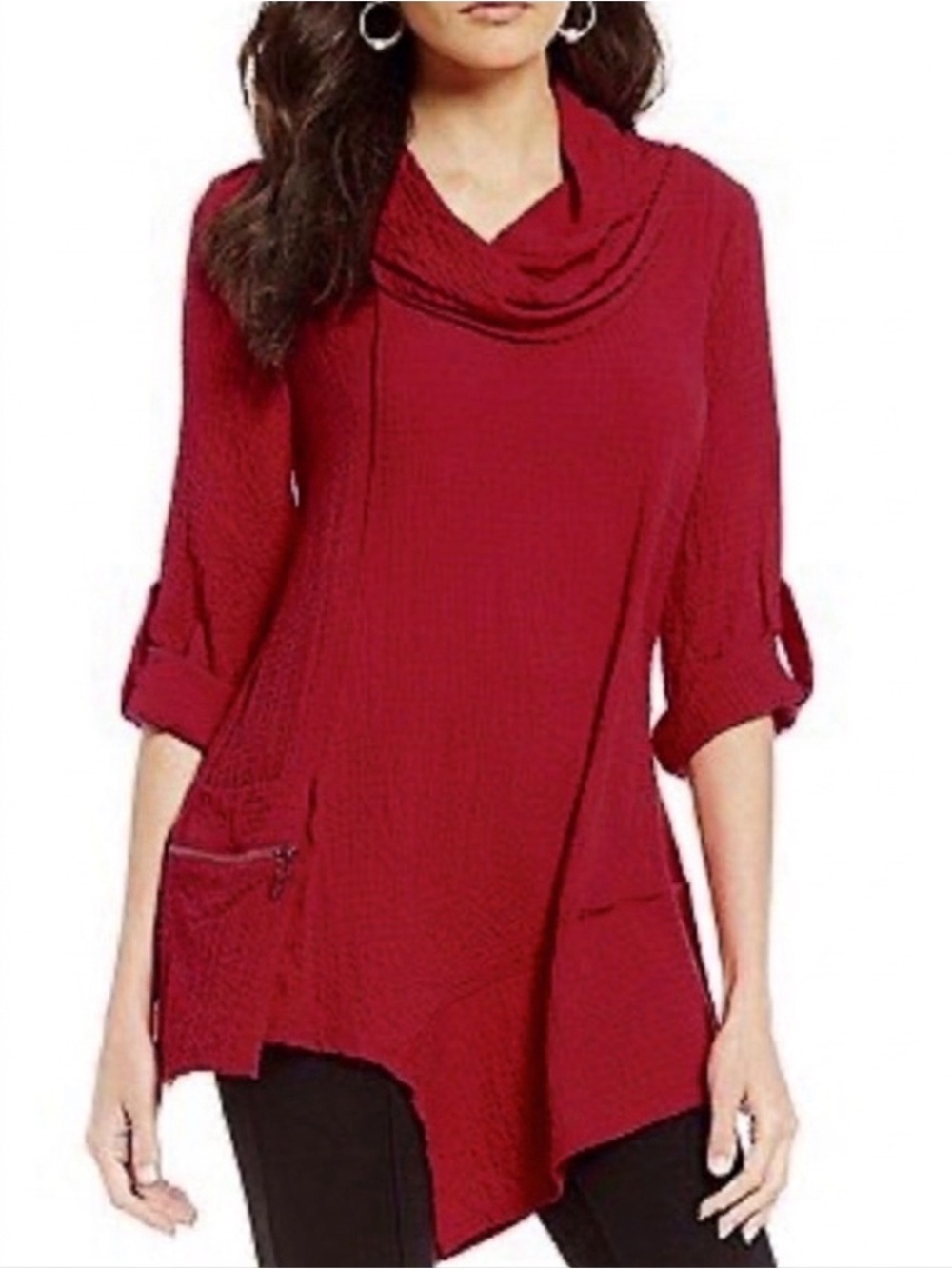 Ali Miles Relaxed Cherry Red Cowl-Neck Tunic Top, Pocket Detail Size Medium